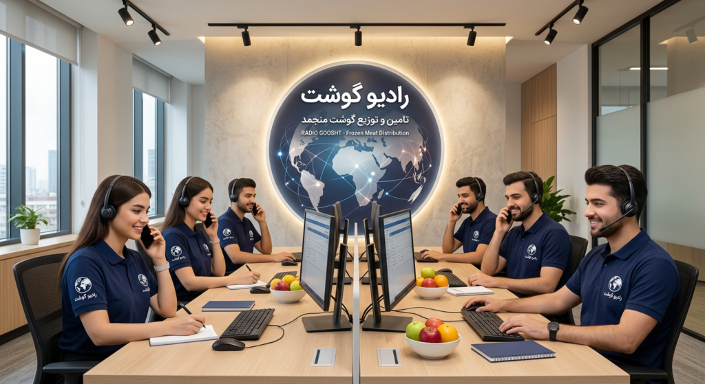 تیمی متشکل از جوان ها در حال برقراری تماس هستند دور یک مز برای کال سنتر ک شرکت فروش گوشت منجمد حس اعتنماد و نظم را تداعی کند نام برند رادیو گوشت است